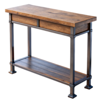 exemplary creative Industrial style console table, iron frame, reclaimewootop, rustic finish, soft lighting, front view, isolateon transparent background,high-resolution product photography artisan png