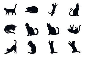 Cat Silhouettes Set Of Twelve Different Poses And Actions On Isolated White Background,Adorable Pet Art vector