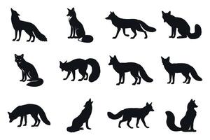 Collection Of Fox Silhouette Illustrations On Isolated White Background In Different Poses And Gestures,Wildlife Animals vector