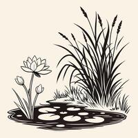 Pond Scene with Lily Pads, Reeds, and Rocks vector