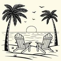 Sunset Beach Scene with Palm Trees and Chairs illustration vector