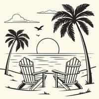 Beach scene with palm trees, chairs, sunset, and ocean view illustration vector