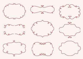 Set of vintage elegant decorative frames with a red outline. Each frame features a unique wavy, curly, or looped border. Design perfect for invitations, greeting cards, wedding and birthday vector