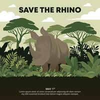 Save The Rhino Day design with a rhino in the jungle vector