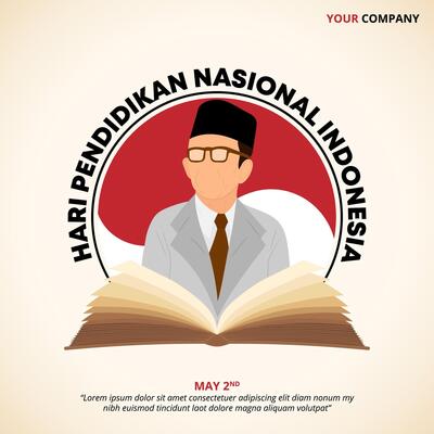 Hari Pendidikan Nasional or Indonesia National Education Day with a teacher and an open book