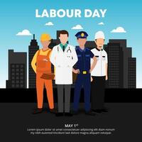 Labour Day design with workers and buildings vector
