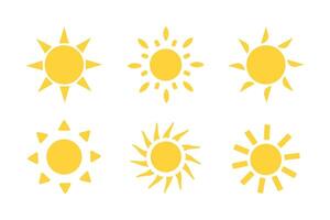 Sun icon set. flat design. Collection of sun stars for use in as logo or weather icon Yellow suns circles, bright natural lighting objects vector