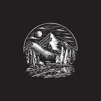 a black and white illustration of a mountain and trees vector