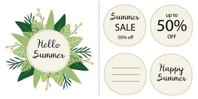 Set of round summer labels with handwritten text and botanical decorations. Includes sale announcement, greeting messages, and blank label. Perfect for seasonal design, branding, and packaging. vector