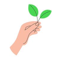 Hand Holding Green Twig with Leaves. Earth Day Concept and Eco-Friendly Message in Flat Style vector