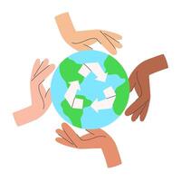 Diverse hands touching the Earth with a recycling symbol inside. Flat illustration for Earth Day, renewable resources, and recycling. vector