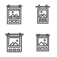 Black and white hanging frame icons showing images and buttons perfect for media and web interfaces vector
