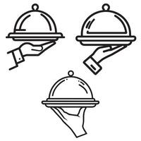 Line icons of hands holding food serving trays with cloche lids ideal for restaurant menu hotel and catering design projects vector
