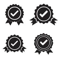 Certification icons featuring check marks and ribbons in bold black style ideal for quality labels vector