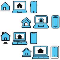 Set of blue icons showing homes laptops and smartphones for digital real estate platforms and mobile friendly user interface in flat icon style without special characters vector