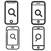 Clean mobile icons featuring search magnifying glass on smartphone screens perfect for web UI and app interface illustrations and digital themes vector