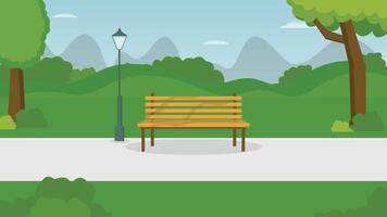 Calm and relaxing park scene with a wooden bench surrounded by trees greenery hills and a lamp post vector
