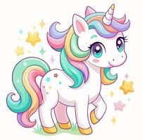 Cute and Colorful Unicorn with Rainbow Mane and Tail vector