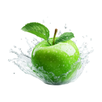 green apple with splash of water on transparent background png