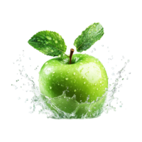 green apple with water splash on transparent background png