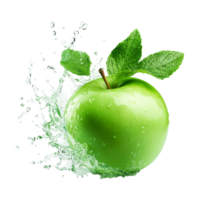 a green apple with water splash on transparent background png