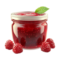 raspberry jam in a glass jar with a leaf on the side, isolated on transparent background png