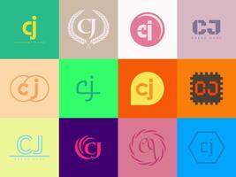 CJ logo company template. Letter c and j logotype. Set different classic serif lettering and modern bold text with design elements. Initial font typography. vector