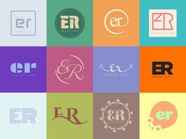 ER logo company template Letter e and r logotype. Set different classic serif lettering and modern bold text with design elements. Initial font typography. vector