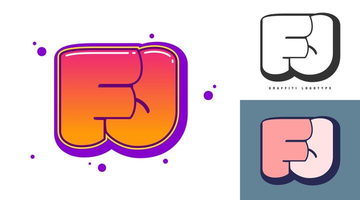 FJ logo design for festival or party. Initial letter f and j in graffiti style. Creative modern lettering company name of font typography. Kids trendy logotype or identity.