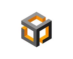 Abstract isometric cube design. Gray and orange geometric shapes create a modern, minimalist logo or graphic element. vector