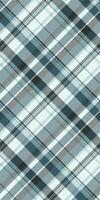 Elegant diagonal plaid pattern in cool teal, gray, and white. Perfect for textile design, website backgrounds, or fashion projects. Subtle texture adds visual interest. vector