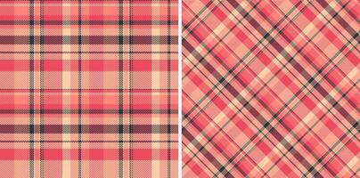 Two seamless plaid patterns. One classic grid other diagonal. Pink, peach, charcoal create a warm, retro texture. Great for fashion, backgrounds, or crafts. vector