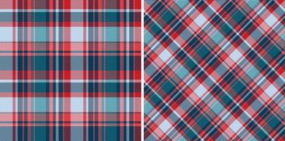 Vibrant duo of seamless plaid patterns in red, teal, and light blue. Perfect for textile design, apparel, website backgrounds, or any project needing a classic yet modern feel. vector