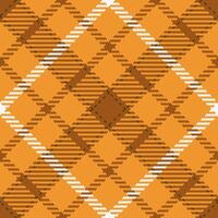Vibrant autumnal plaid pattern in warm orange, brown, and white. Perfect for fallthemed designs, textile prints, or website backgrounds. This seamless texture evokes feelings of warmth and comfort. vector