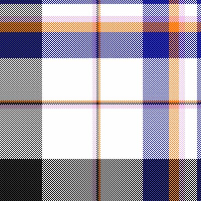 Pixelated plaid pattern. Fabric texture with intersecting lines in blue, orange, white, and black. Great for backgrounds or textile designs. Versatile and modern.