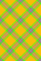 Vibrant neon plaid pattern. A bold, geometric design featuring intersecting lines of lime green, orange, and pink on a bright yellow background. vector