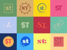 ST logo company template Letter s and t logotype. Set different classic serif lettering and modern bold text with design elements. Initial font typography. vector