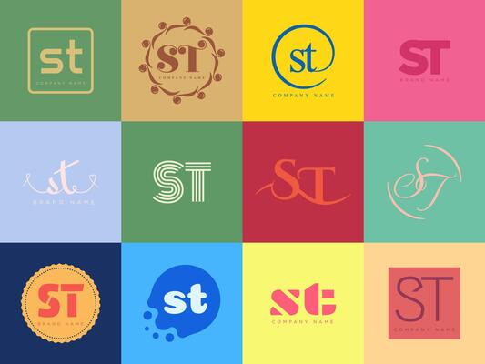 ST logo company template Letter s and t logotype. Set different classic serif lettering and modern bold text with design elements. Initial font typography.