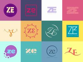 ZE logo company template Letter z and e logotype. Set different classic serif lettering and modern bold text with design elements. Initial font typography. vector