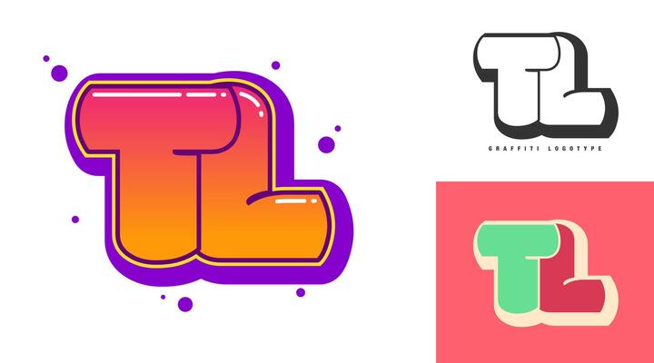 TL logo design for festival or party. Initial letter t and l in graffiti style. Creative modern lettering company name of font typography. Kids trendy logotype or identity.