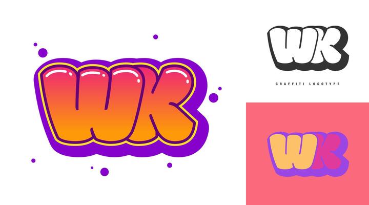 WK logo design for festival or party. Initial letter w and k in graffiti style. Creative modern lettering company name of font typography. Kids trendy logotype or identity.