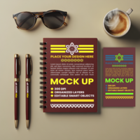 Spiral notebook diary mock up with spring notepad paper and corporate binder cover psd