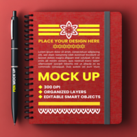 Minimalist spiral notebook red maroon cover mock up with spring notepad binder and corporate paper psd