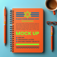 Spring notepad with spiral notebook mock up and corporate binder for diary and paper psd