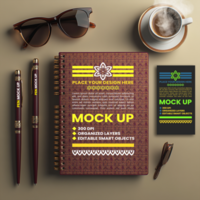 Notebook mock up showing spiral notebook cover with notepad and corporate paper presentation psd