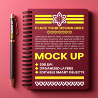 Spiral notebook cover mock up with corporate diary binder paper and spring notepad note psd