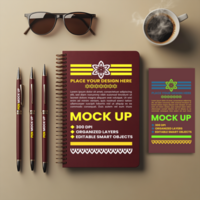 Spiral paper notebook binder with corporate diary spring cover and notepad mock up design psd