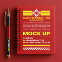 Spiral notebook red maroon cover mock up with spring binder and notepad for stationery and corporate paper psd