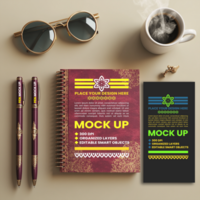 Spring notebook and diary styled mock up with spiral notebook cover and organized binder pages psd