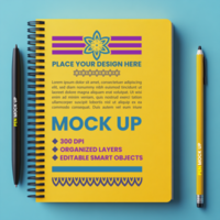 Spiral notebook cover mock up with notepad paper spring binder and corporate stationery theme psd